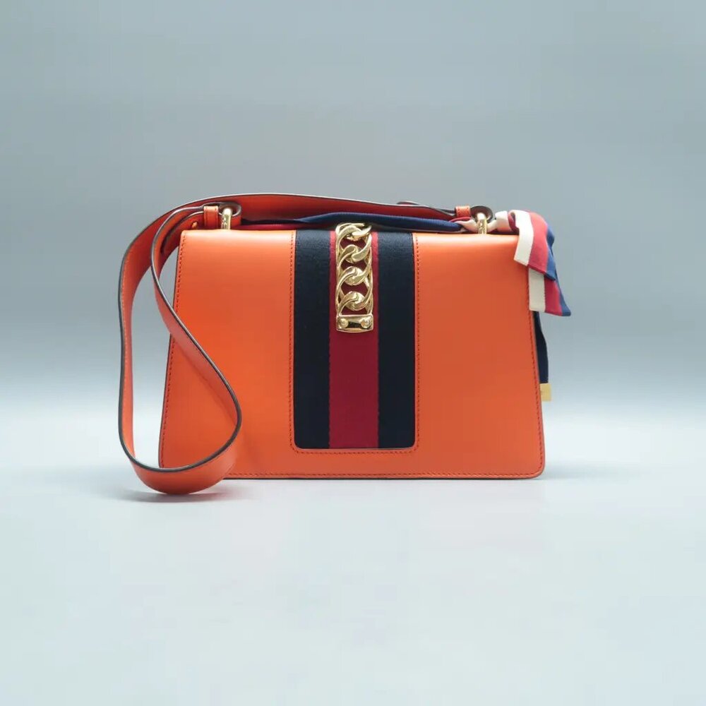 GUCCI Sylvie Orange Leather Shoulder Bag 837-061425 - Picture 2 of 12